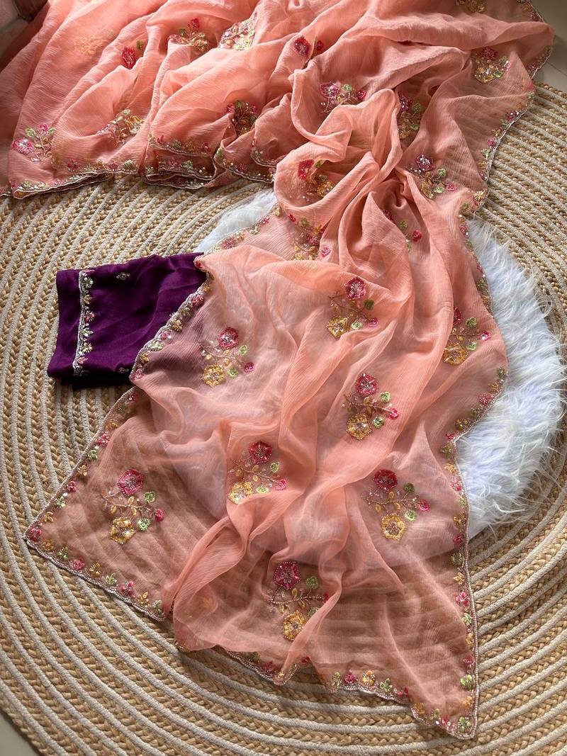 Peach Color Embroidery Sequence Cutdana work silk blend Saree