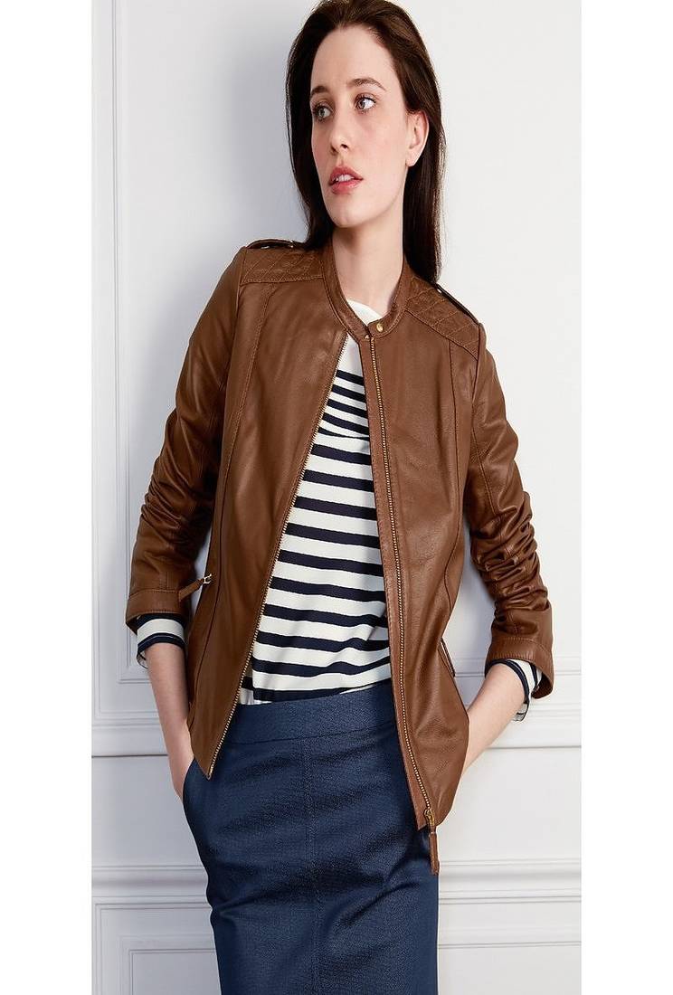 Women’s genuine lambskin brown leather biker jacket slim fit designer motorcycle-c322