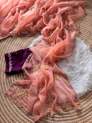 peach silk blend saree with cutdana embroidery work 2