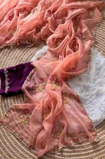 peach silk blend saree with cutdana embroidery work