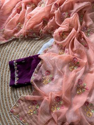 peach silk blend saree with cutdana embroidery work 3