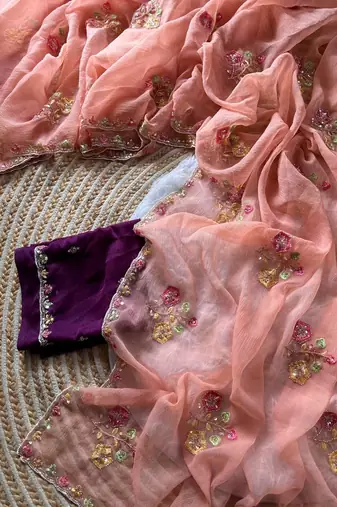 peach silk blend saree with cutdana embroidery work