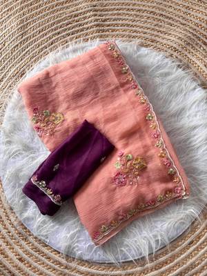 peach silk blend saree with cutdana embroidery work 4