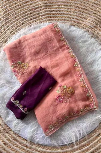 peach silk blend saree with cutdana embroidery work