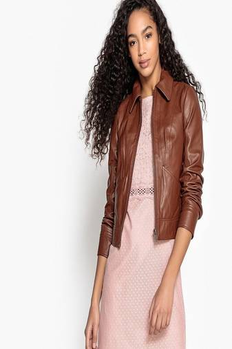 Women’s genuine lambskin brown leather biker jacket slim fit designer motorcycle-c323