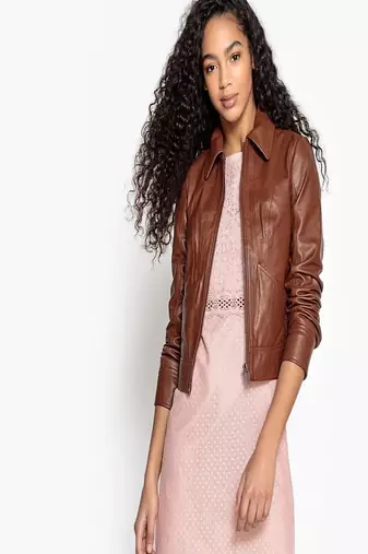 Women’s genuine lambskin brown leather biker jacket slim fit designer motorcycle-c323