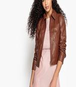 Women’s genuine lambskin brown leather biker jacket slim fit designer motorcycle-c323