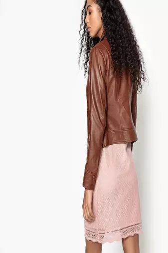 women's brown lambskin leather biker jacket classic moto zip style signature