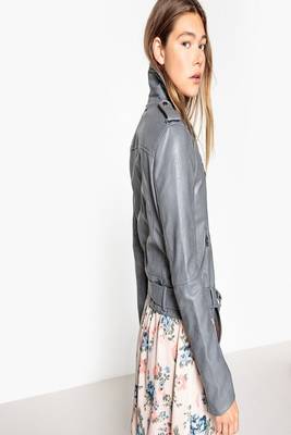 women's grey lambskin leather biker jacket classic moto zip style exclusive 3