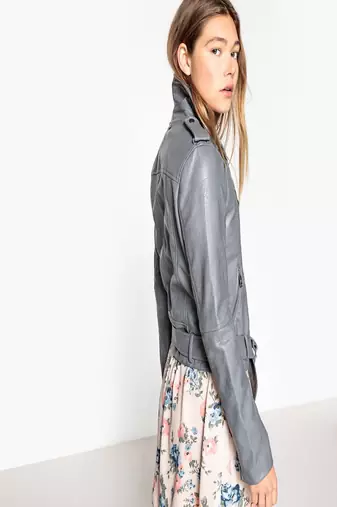women's grey lambskin leather biker jacket classic moto zip style exclusive