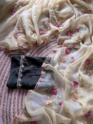 beige silk blend saree with embroidery cutdana work 2