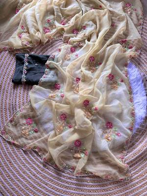 beige silk blend saree with embroidery cutdana work 3