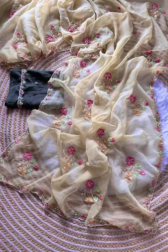 beige silk blend saree with embroidery cutdana work