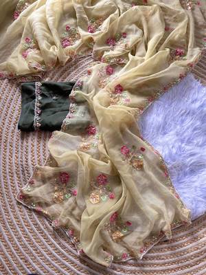 beige silk blend saree with embroidery cutdana work 4