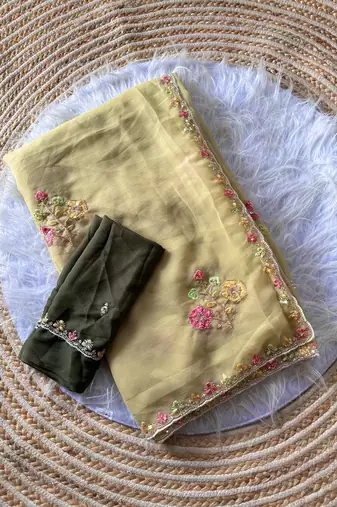 Beige Color Embroidery Sequence Cutdana work silk blend Saree