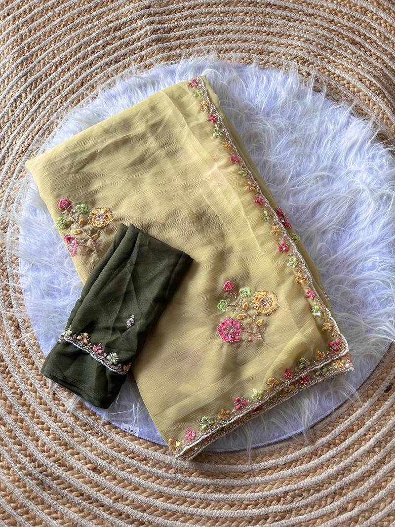 Beige Color Embroidery Sequence Cutdana work silk blend Saree