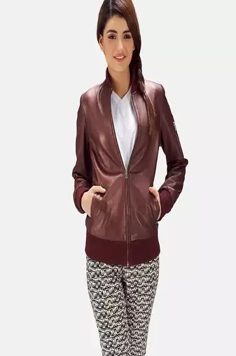 Womens genuine lambskin red leather motorcycle slim fit designer ladies biker jacket-c135