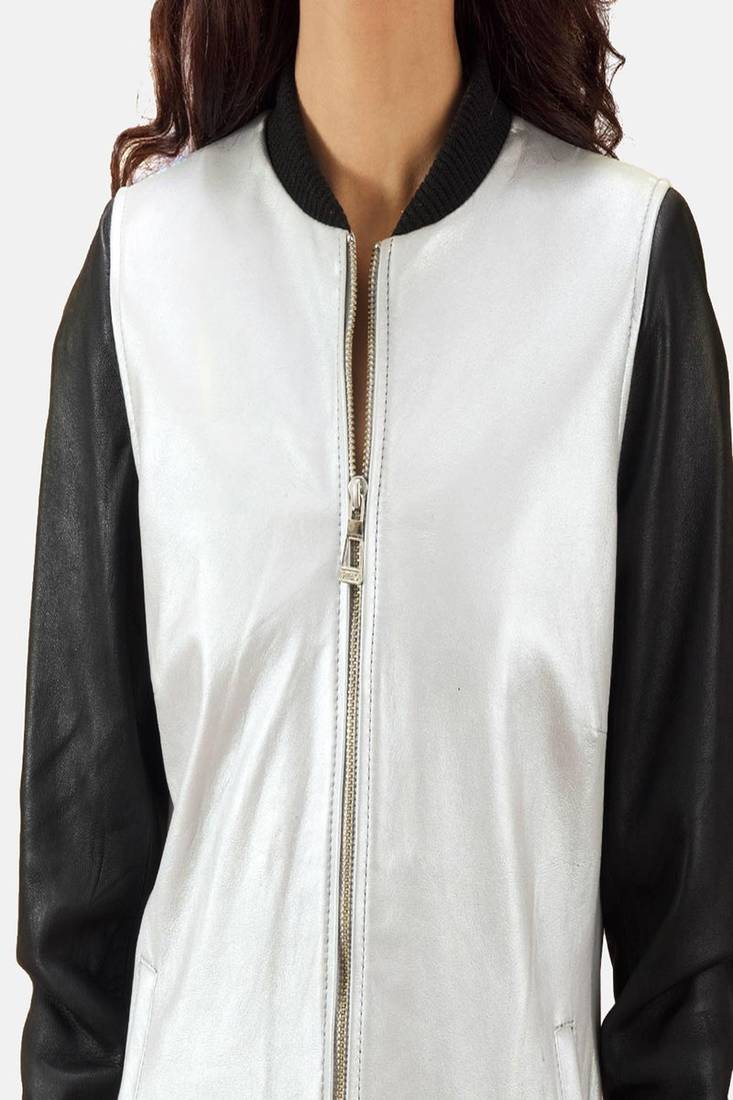 Womens genuine lambskin silver leather motorcycle slim fit designer ladies biker jacket-c336