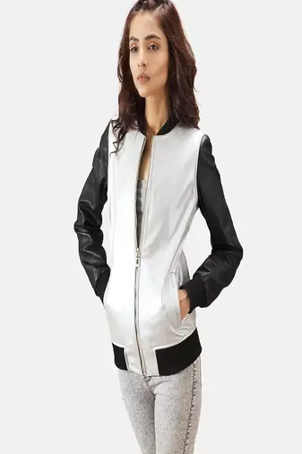 women's silver lambskin leather biker jacket classic moto zip style
