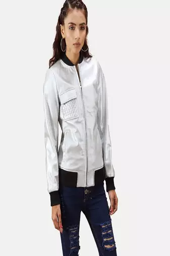 Womens genuine lambskin silver  leather motorcycle slim fit designer ladies biker jacket-c337