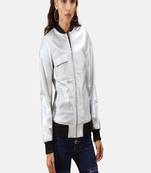 Womens genuine lambskin silver  leather motorcycle slim fit designer ladies biker jacket-c337