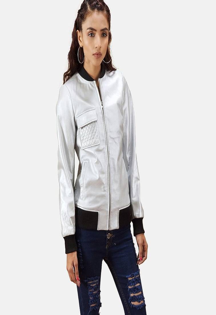 Womens genuine lambskin silver  leather motorcycle slim fit designer ladies biker jacket-c337