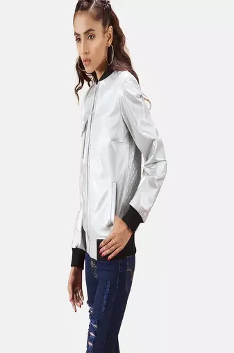 women's silver lambskin leather biker jacket classic moto zip style premium