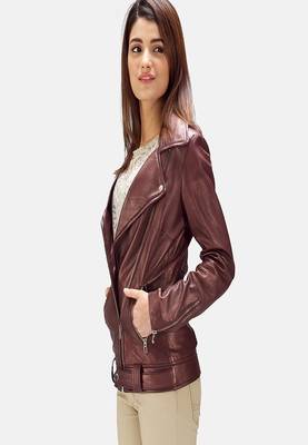 women's brown lambskin leather biker jacket classic moto zip style unique 3