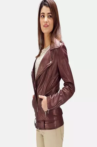 women's brown lambskin leather biker jacket classic moto zip style unique