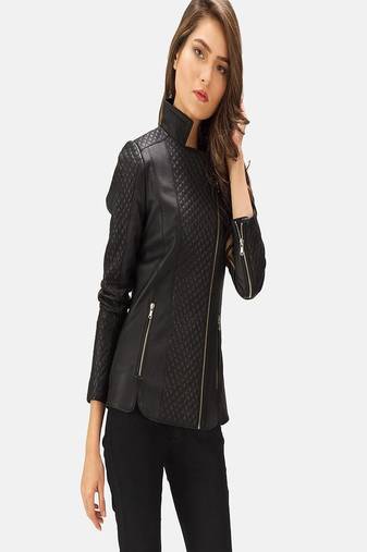 Womens genuine lambskin black leather motorcycle slim fit designer ladies biker jacket-cl-w340