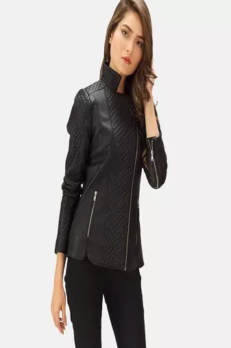 Womens genuine lambskin black leather motorcycle slim fit designer ladies biker jacket-cl-w340