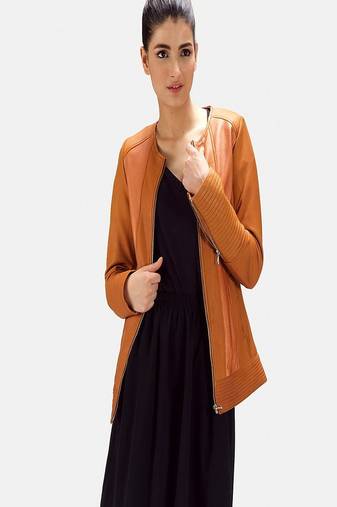 Womens genuine lambskin brown leather motorcycle slim fit designer ladies biker jacket-c341