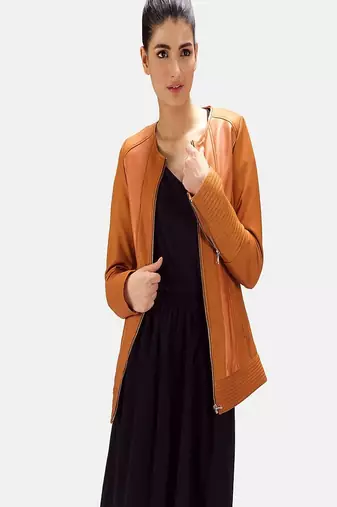 Womens genuine lambskin brown leather motorcycle slim fit designer ladies biker jacket-c341