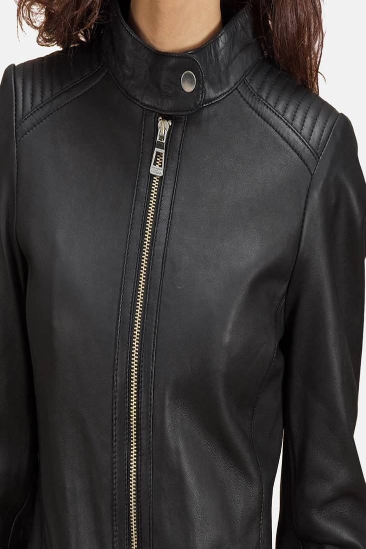 Womens genuine lambskin black leather motorcycle slim fit designer ladies biker jacket-c343