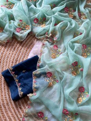sky blue silk blend saree with embroidery cutdana work 2
