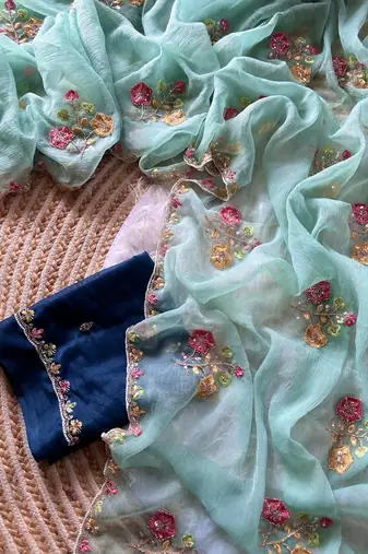 sky blue silk blend saree with embroidery cutdana work