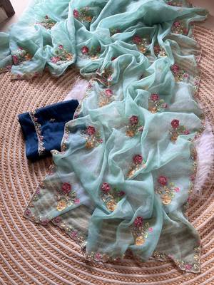 sky blue silk blend saree with embroidery cutdana work 3