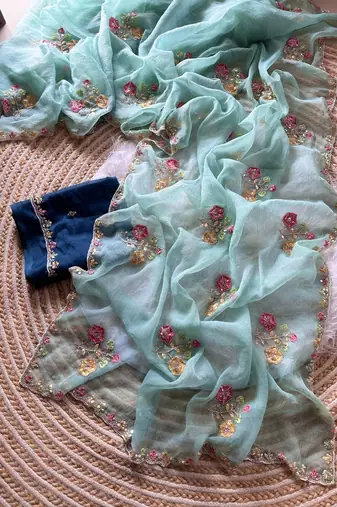 sky blue silk blend saree with embroidery cutdana work