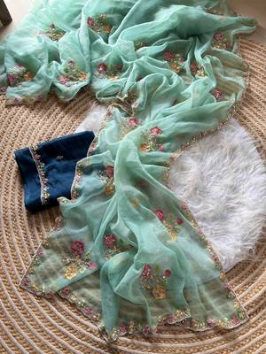 sky blue silk blend saree with embroidery cutdana work 4