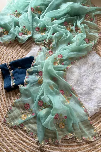 sky blue silk blend saree with embroidery cutdana work