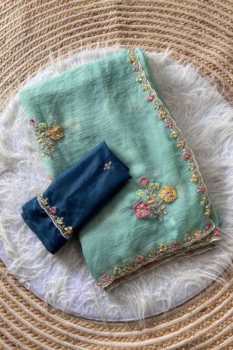 Sky Blue Color Embroidery Sequence Cutdana work silk blend Saree
