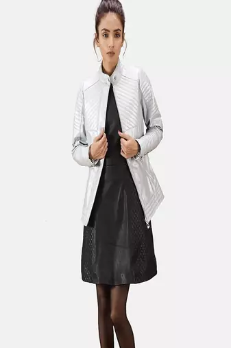 Womens genuine lambskin silver leather motorcycle slim fit designer ladies biker jacket-cl-w344