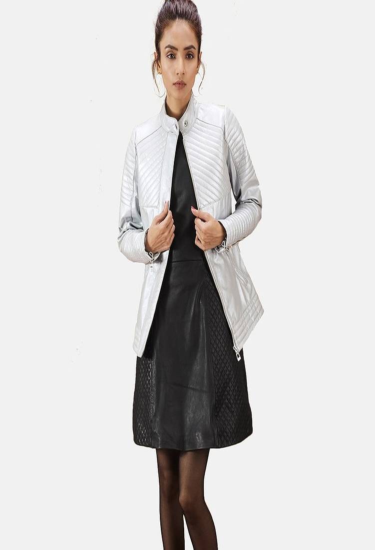 Womens genuine lambskin silver leather motorcycle slim fit designer ladies biker jacket-cl-w344