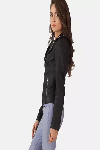 women's black lambskin leather biker jacket classic moto zip style exclusive original
