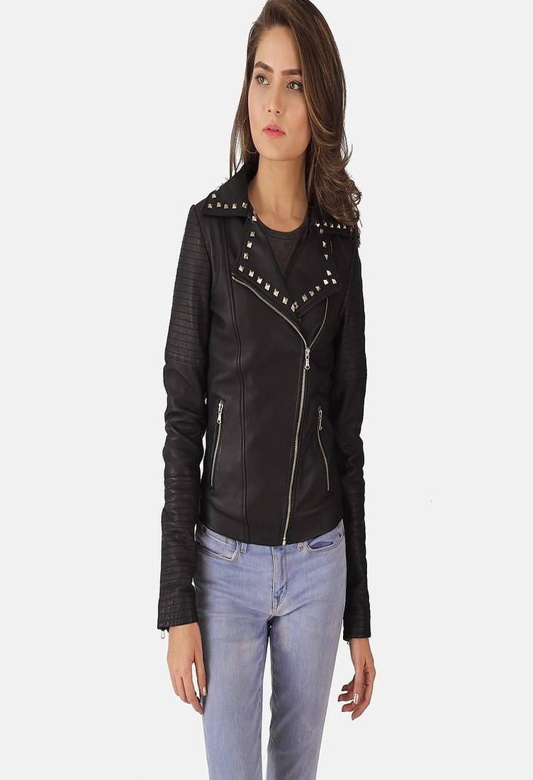 Womens genuine lambskin black leather motorcycle slim fit designer ladies biker jacket-cl-w345