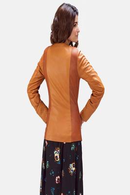 women's orange lambskin leather biker jacket classic moto zip style exclusive 2
