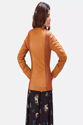 women's orange lambskin leather biker jacket classic moto zip style exclusive