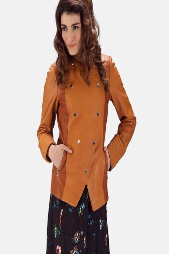 Womens genuine lambskin orange leather motorcycle slim fit designer ladies biker jacket-cl-346