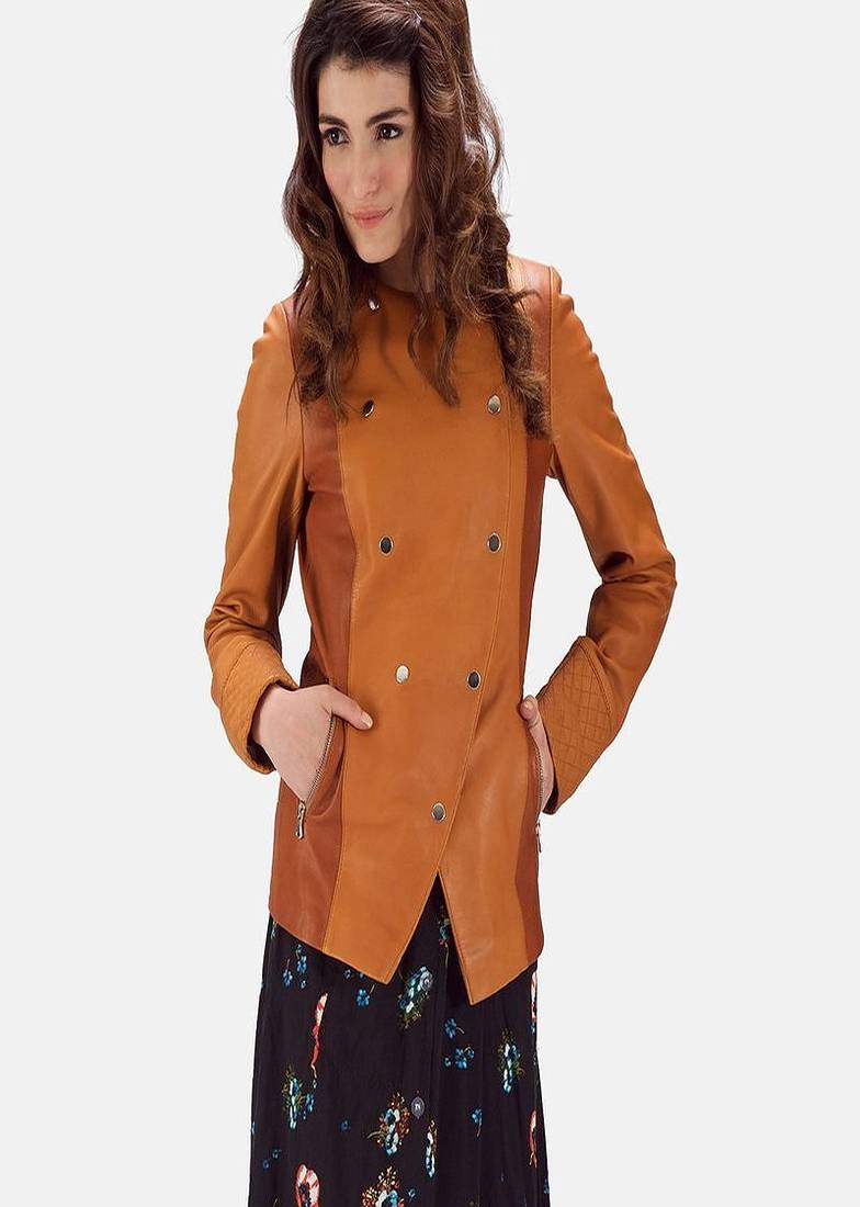 Womens genuine lambskin orange leather motorcycle slim fit designer ladies biker jacket-cl-346