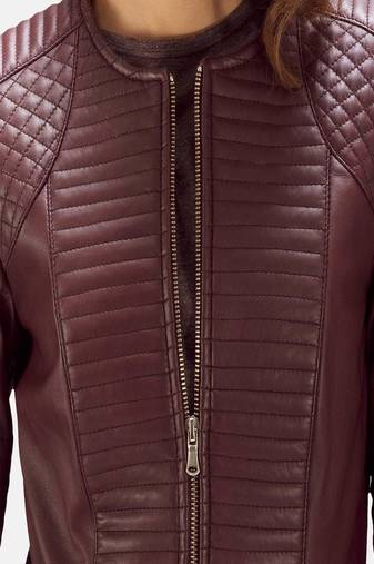 Womens genuine lambskin burgundy leather motorcycle slim fit designer ladies biker jacket-c347